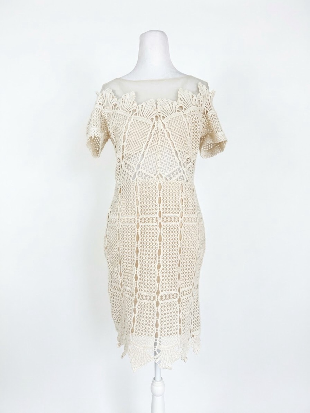 Soieblu Crochet Lace Dress Medium Ivory Cold Shoulder Illusion Boho Cocktail M